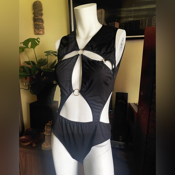 Sexy cut out mod goth industrial bodyCon black bathing body suit camp pinup - Picture 3 of 10
